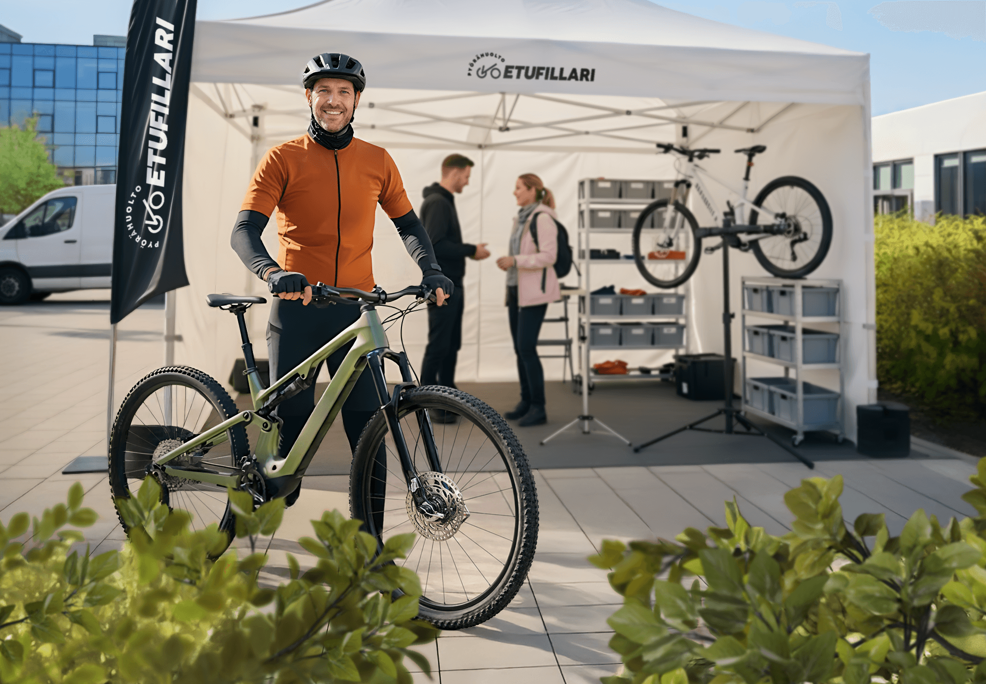 Etufillari workplace bike maintenance: service station in front of the event tent.