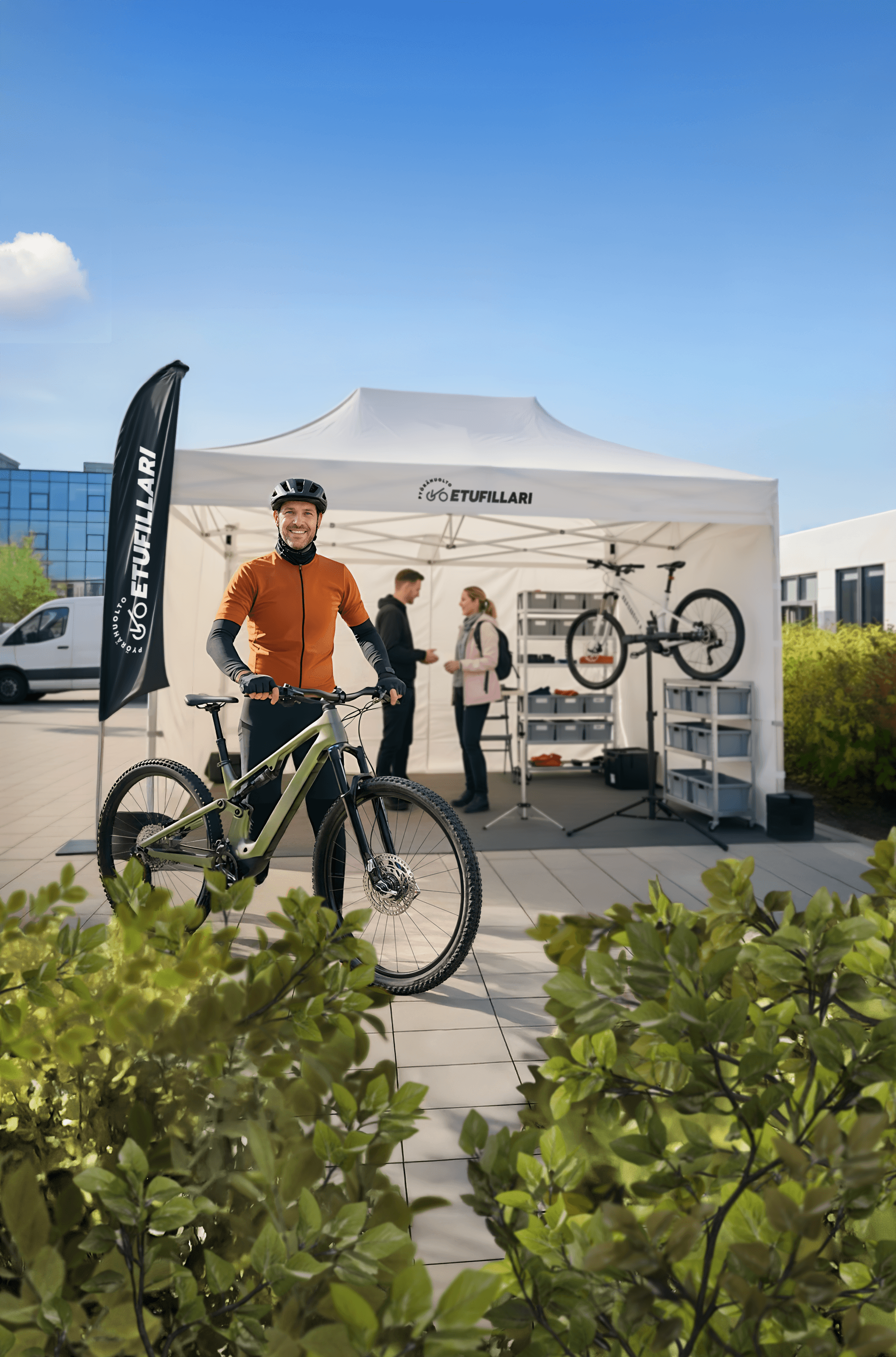 Etufillari workplace bike maintenance: service station in front of the event tent.
