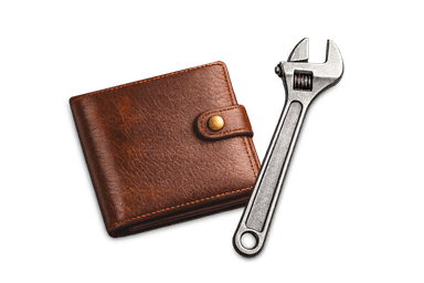 Brown leather wallet and an adjustable wrench.