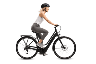 Woman wearing a helmet riding a black step-through e-bike.