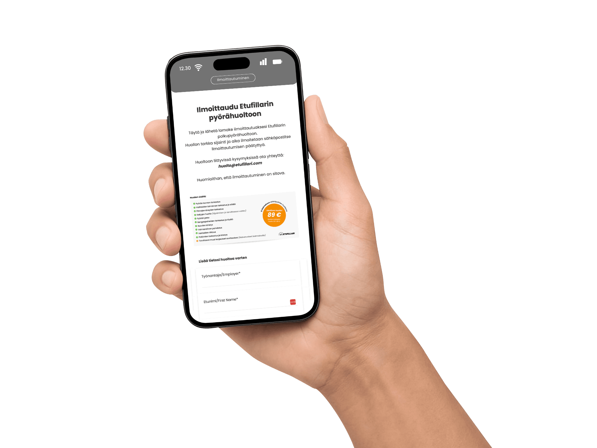 A phone showing the bike maintenance sign-up form.