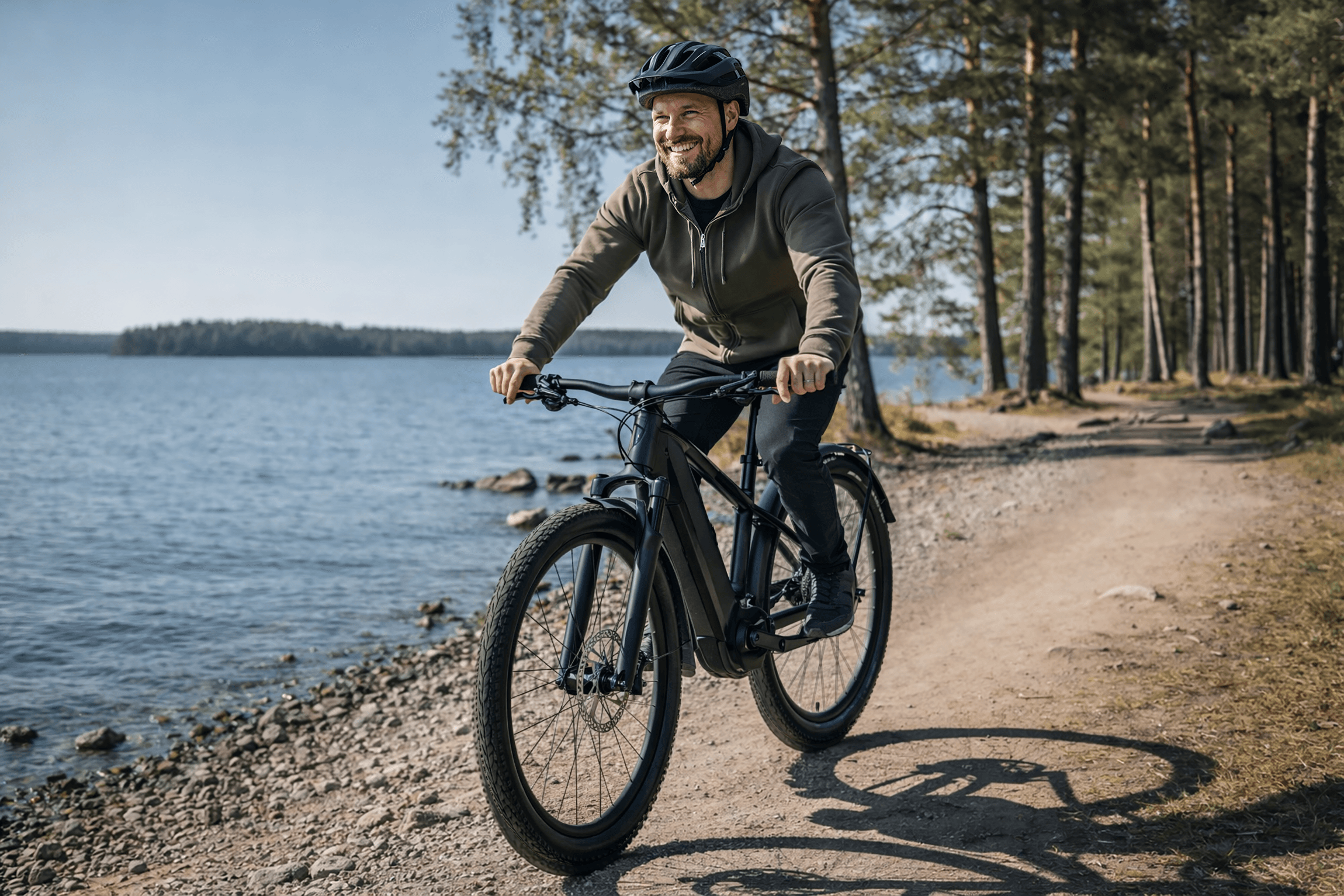 Työsuhdepyörää käyttävä mies pyöräilee sähköpyörällä järven rannalla.